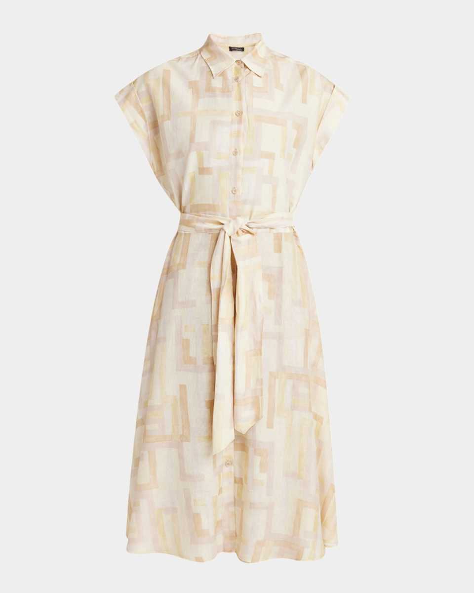 Abstract-Print Cap-Sleeve Belted Silk Midi Shirtdress